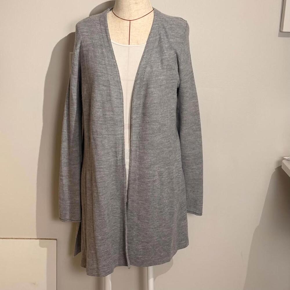 Tahari Merino Wool Blend Cardigan Open-front Gray Ribbed Knit Sweater Women's L - Picture 2 of 8